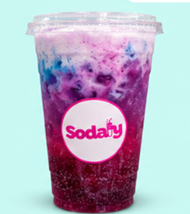 Sodaly Swirl ★ — Starry with strawberry and blue raspberry, topped with Vanilla Cream.
